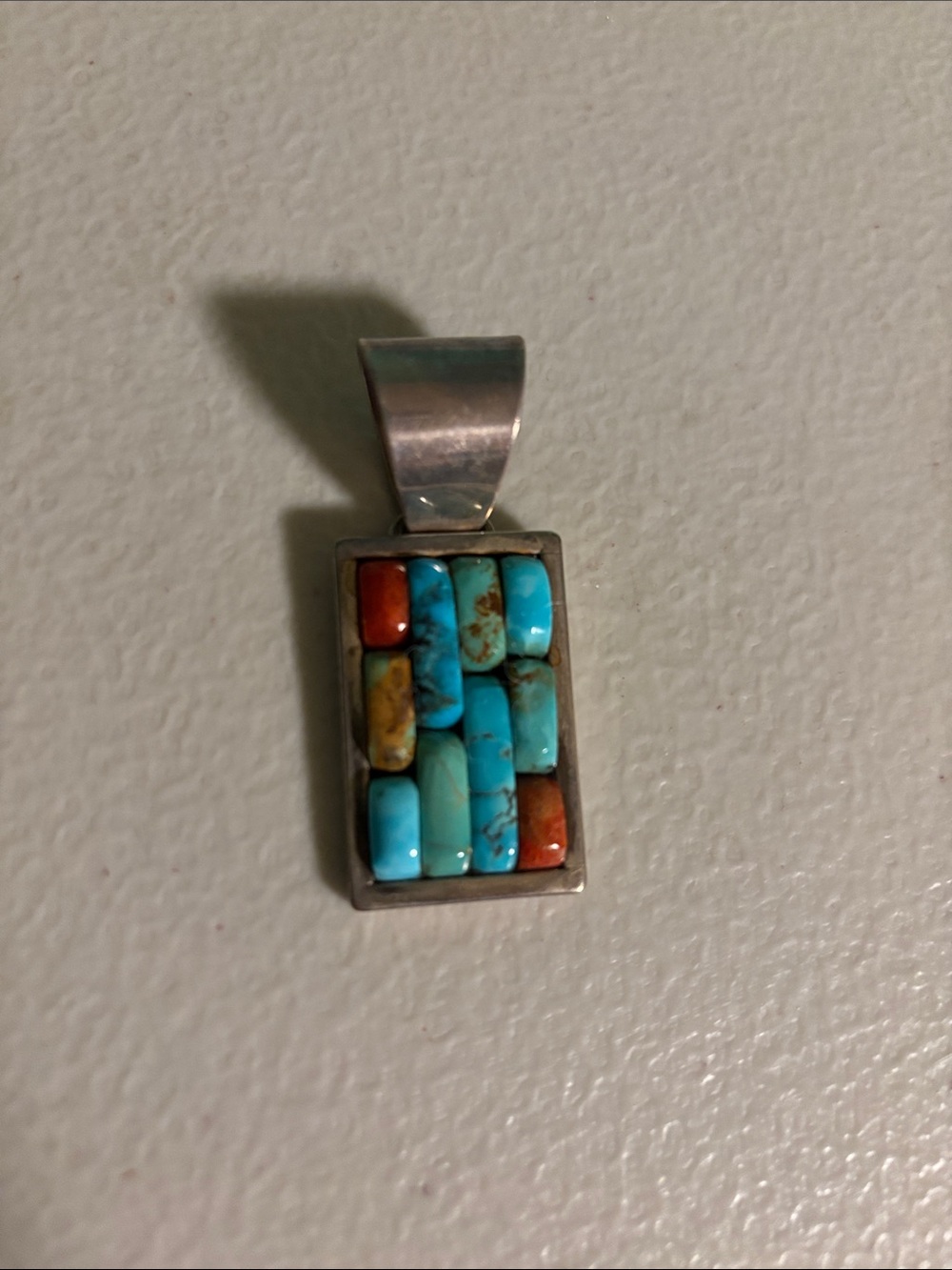 C. Aguilar Sterling Silver Turquoise & Coral Inlay Rectangular Pendant